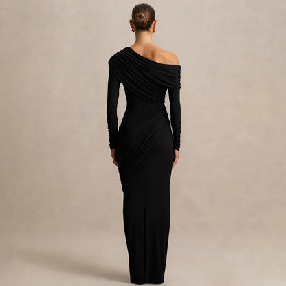 Um ombro manga longa sexy maxi vestido feminino elegante gola inclinada sem costas ruched sólido chique bodycon clube vestidos de festa