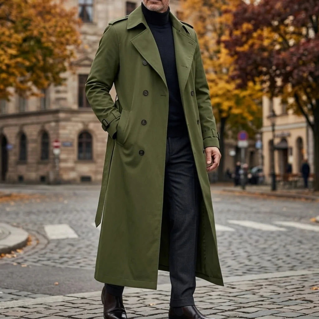 Novo Casaco Masculino de Outono Super Longo - Corta-Vento com Cinto e Botões Duplos |   Jaquetas Longas Casuais Finas e Soltas para Homens