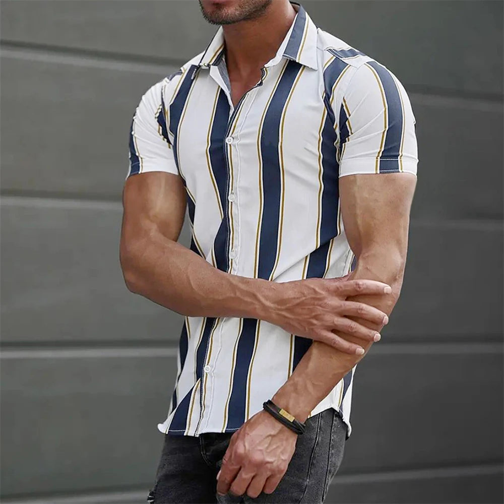 Camiseta listrada de manga curta com botão havaiano masculina, blusa xadrez, roupa de praia vermelha, camisa preta e branca, roupas masculinas, verão