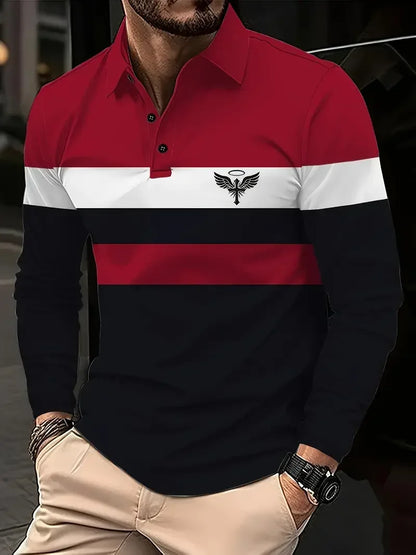 Classic minimalist striped long-sleeved men's polo shirt, fashionable autumn and winter men's casual golf oversized sportswear