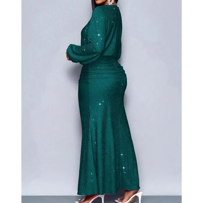 Vestido Elegante de Manga Longa com Decote Redondo e Cintura Alta para Mulheres, Vestido de Festa Formal Chic para Noite