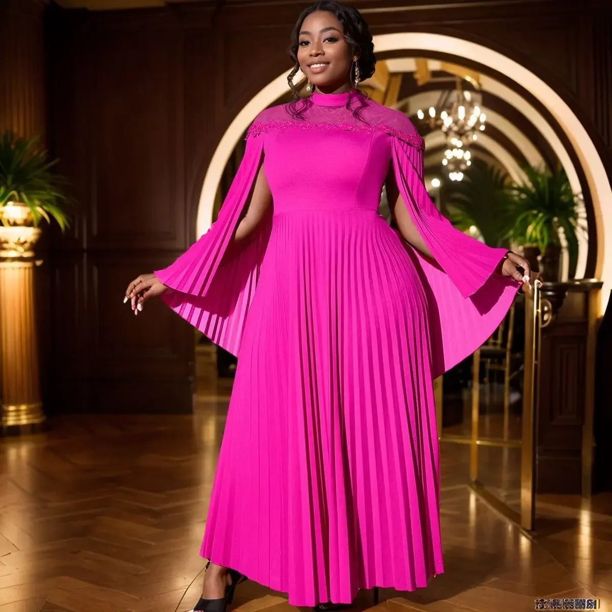 Personality Cape Sleeve See-through Collar Pleated Dress, Women's Spring and Autumn Fashion Solid Color Banquet Dress Vestidos