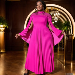 Personality Cape Sleeve See-through Collar Pleated Dress, Women's Spring and Autumn Fashion Solid Color Banquet Dress Vestidos
