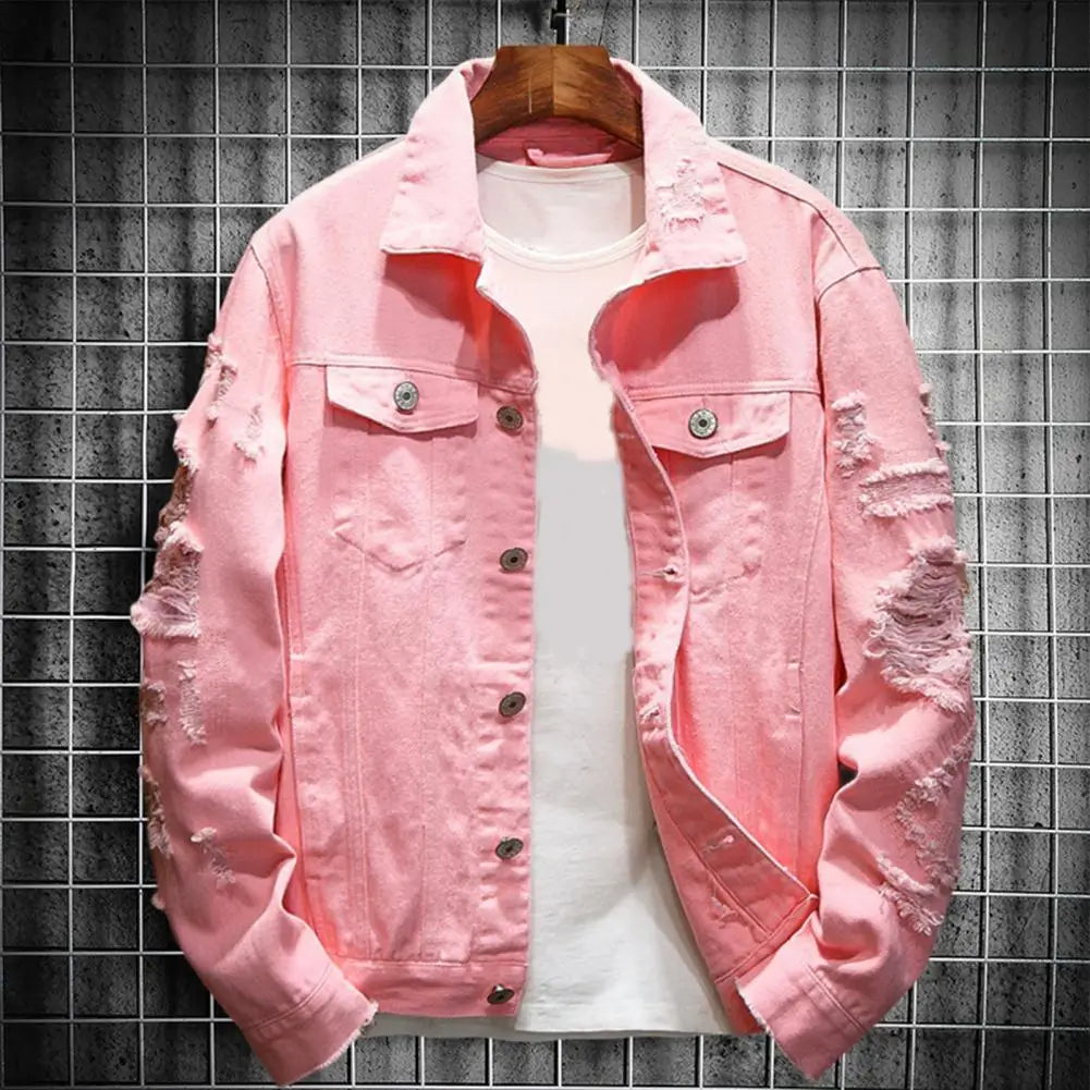 Rasgado buraco jean jaquetas masculinas outerwear casacos jeans quentes gola aberta botões soltos jaquetas jeans cor sólida casaco jeans