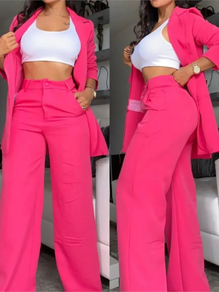 Elegante outono feminino blazer calças conjunto de duas peças roupas femininas moda gola entalhada casaco & calça; Terno de calças com design de bolso