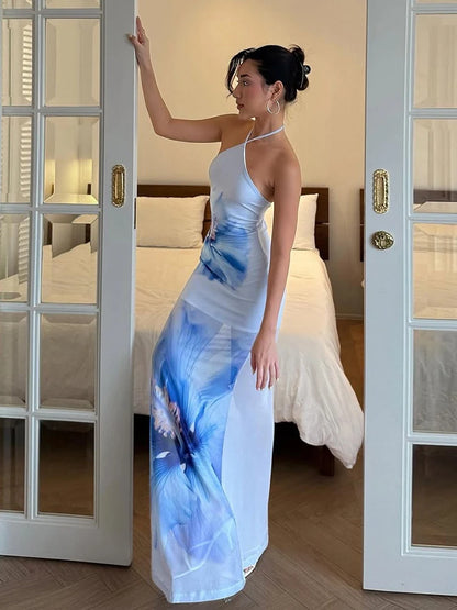 Vestido de praia feminino Weird Puss com estampa floral transparente, decote halter, costas nuas, bandagem, sem mangas, para festas e baladas, elástico e justo ao corpo.