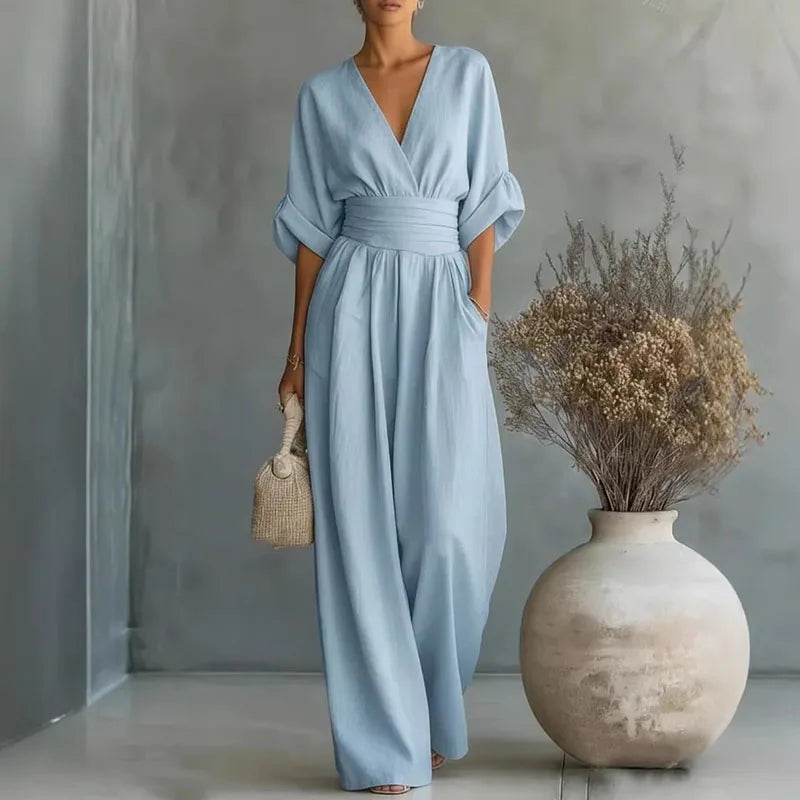 2026 Deep V Neck Women's Jumpsuits Elegant Solid High Waist Rompers Casual Wide Leg Pants Pocket Overalls Vacation Outfit Loose