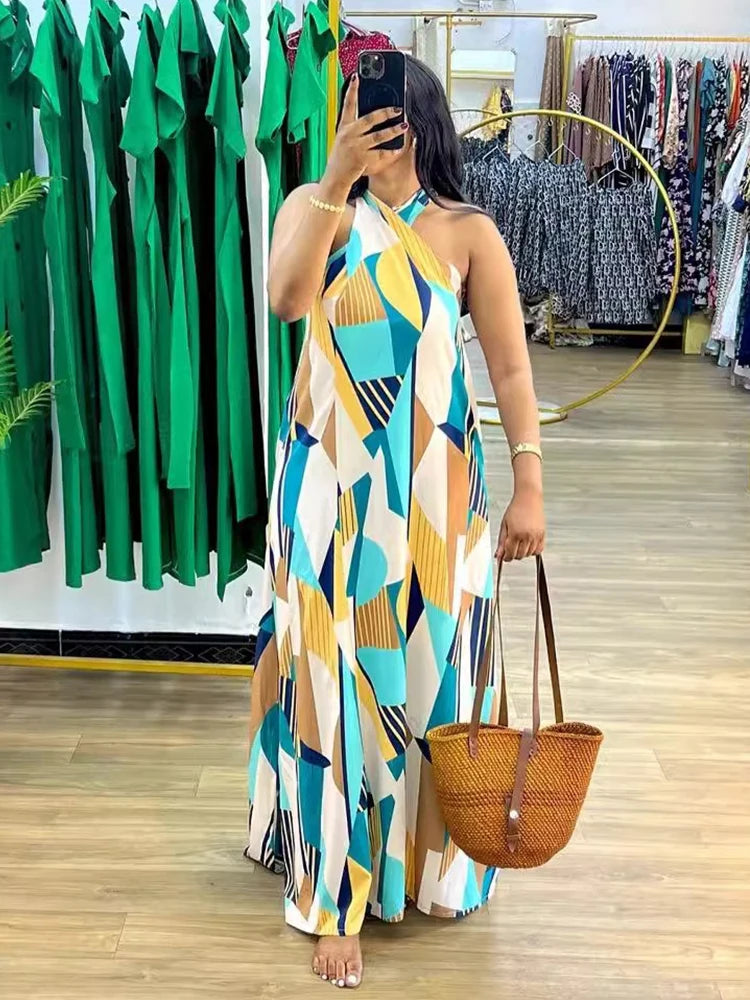 Vestido reto feminino elegante e sexy, sem mangas, longo, estampado, para praia, com decote halter, ideal para o verão. Atacado e dropshipping.