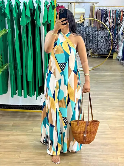 Vestido reto feminino elegante e sexy, sem mangas, longo, estampado, para praia, com decote halter, ideal para o verão. Atacado e dropshipping.