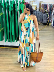 Vestido reto feminino elegante e sexy, sem mangas, longo, estampado, para praia, com decote halter, ideal para o verão. Atacado e dropshipping.