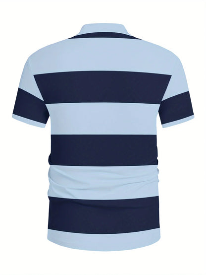 Men's Fashionable Summer Striped Casual Short Sleeved Shirt, Button Neck, Mixed Color Suitable for Golf or Casual Wear