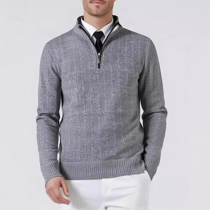 Suéter Masculino Casual de Tricô com Meio Zíper e Gola, Pulôver de Inverno com Listras Verticais, Camisa Base Confortável de Tecido Macio