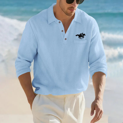 Camisa Masculina Casual de Linho e Algodão Leve com Lapela, Solta, Cor Sólida, Moda Primavera Outono, com Detalhe Decorativo na Gola
