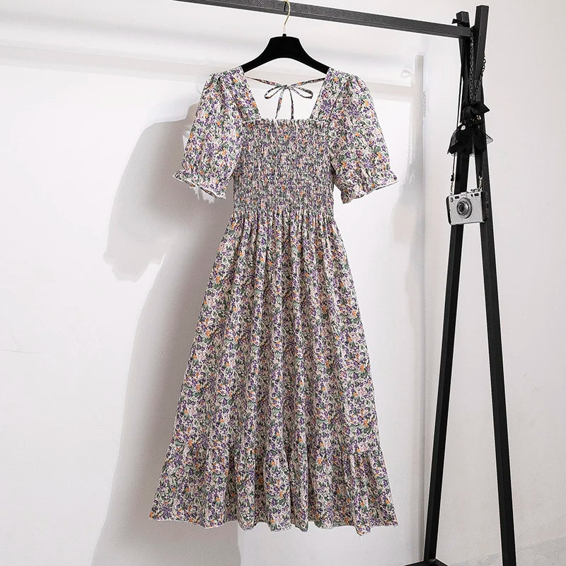 Verão plissado mulheres vestidos de chiffon casual praia férias manga curta gola quadrada mulher midi vestido boêmio mujer vestidos