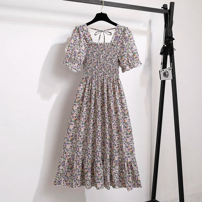 Verão plissado mulheres vestidos de chiffon casual praia férias manga curta gola quadrada mulher midi vestido boêmio mujer vestidos