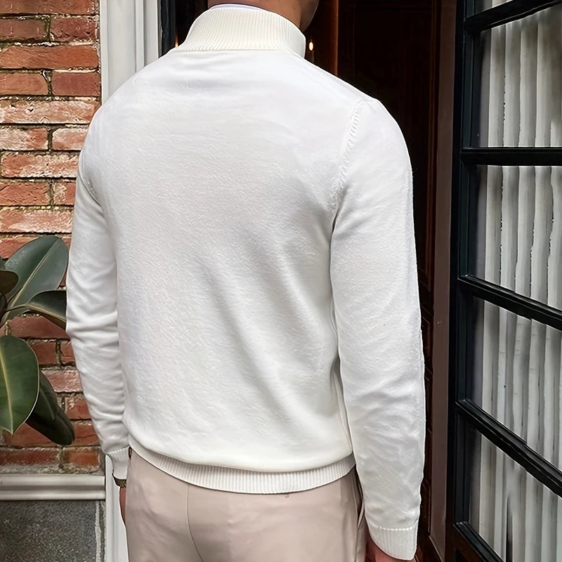 Suéter Masculino de Primavera e Outono com Zíper de Um Quarto, Ajuste Slim, Estilo Polo para Negócios, Gola Alta, Pulôver de Tricô