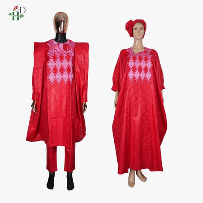 Roupas Africanas H&D para Homens, Conjuntos Tradicionais Agbada 3 Peças, Bordado Bazin Riche, Trajes de Casamento para Casais, Trajes Femininos Boubo