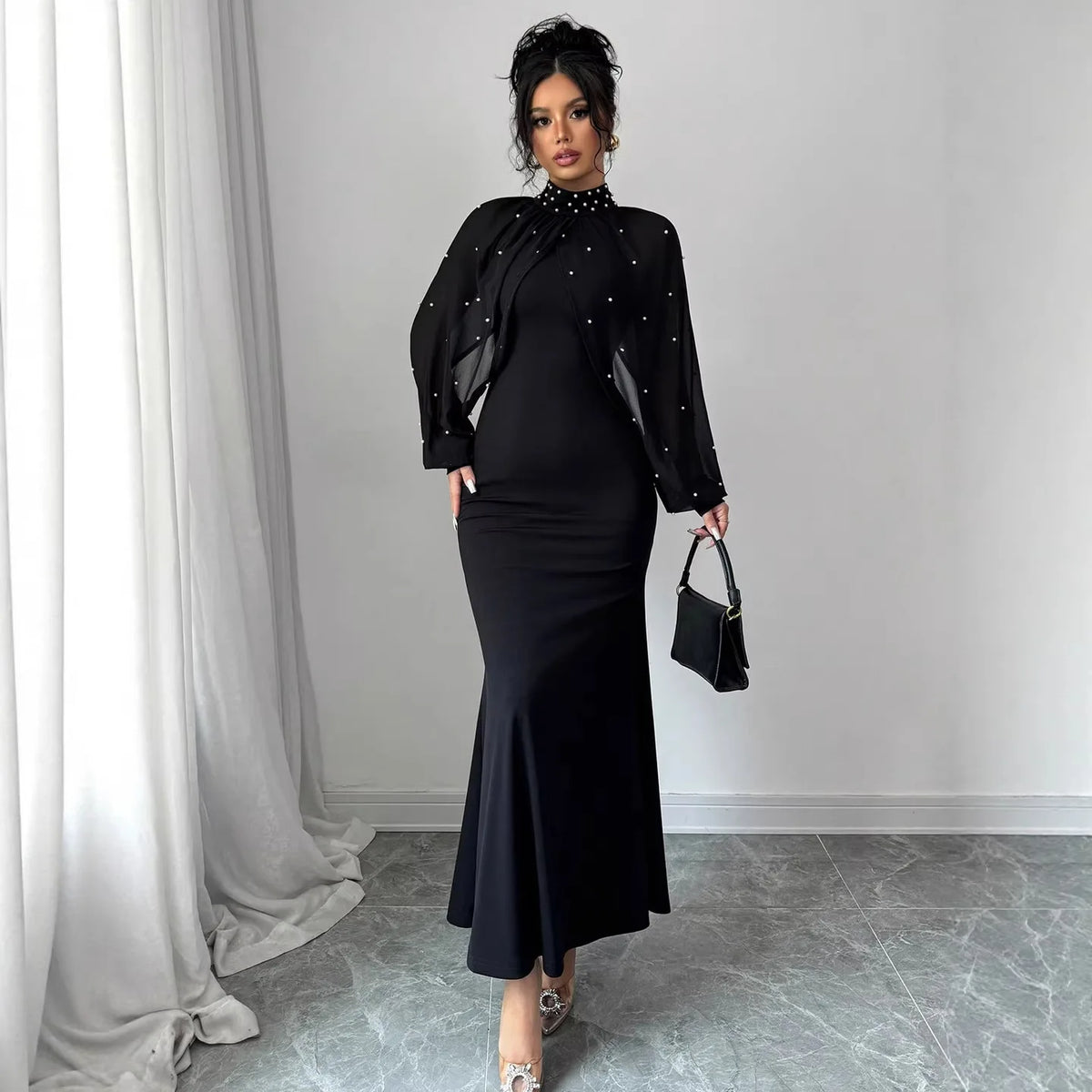 Vestido Longo Sereia Feminino 2026 Elegante com Gola Alta, Manga Longa em Tule, Cintura Marcada e Renda Sexy para Casamento