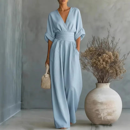 Sexy Deep V Neck Women's Jumpsuits Elegant High Waist Romper Casual Wide Leg Loose Pants Overalls Vacation Outfits MYQ-ZY7723