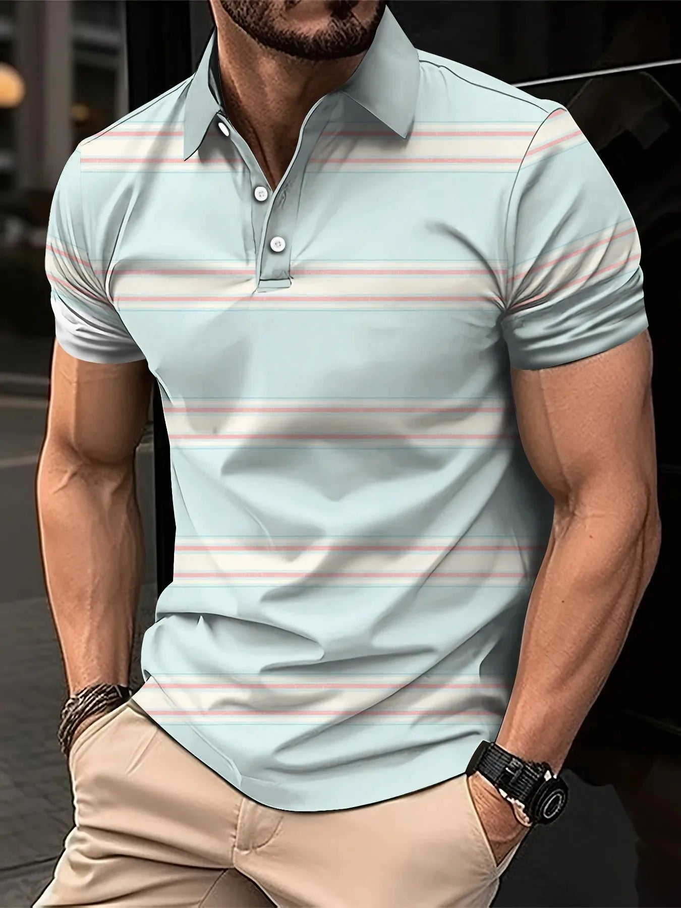 2026 Summer Men's Polo Shirt with Stripes Print Breathable Lightweight Casual Fashionable Outdoor Men's Clothing
