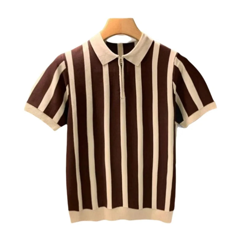 Camisa Polo Masculina de Seda Gelada com Zíper, Manga Curta, Ajuste Slim, Fina de Verão, Malha Fina, Estilo Casual, Padrão Listrado, Lavável à Máquina