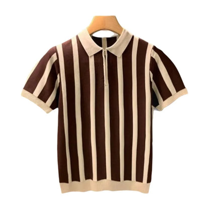 Camisa Polo Masculina de Seda Gelada com Zíper, Manga Curta, Ajuste Slim, Fina de Verão, Malha Fina, Estilo Casual, Padrão Listrado, Lavável à Máquina