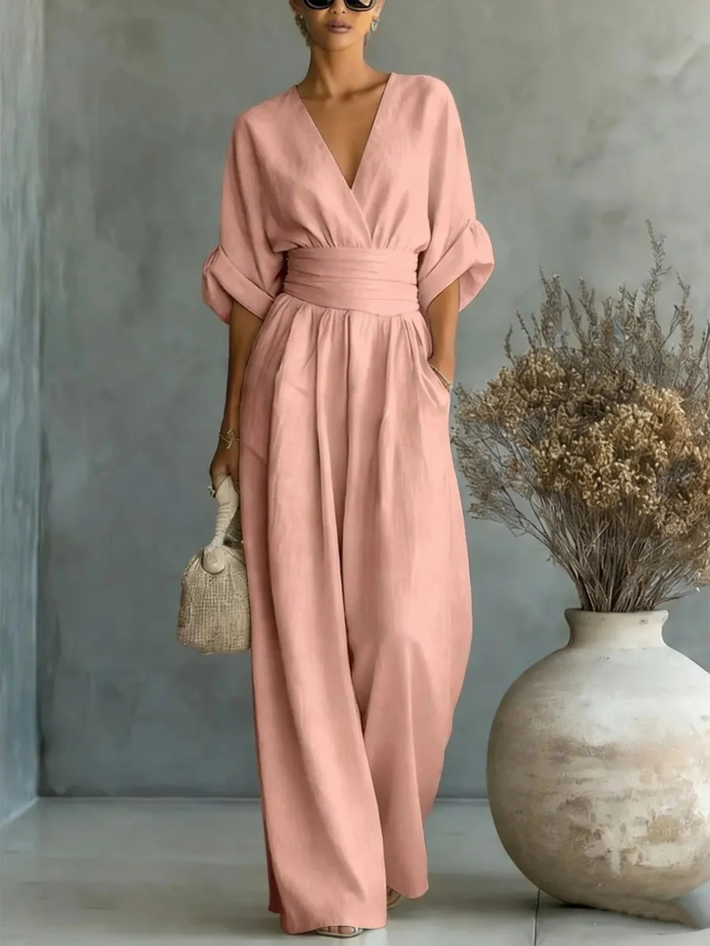 Sexy Deep V Neck Women's Jumpsuits Elegant High Waist Romper Casual Wide Leg Loose Pants Overalls Vacation Outfits MYQ-ZY7723