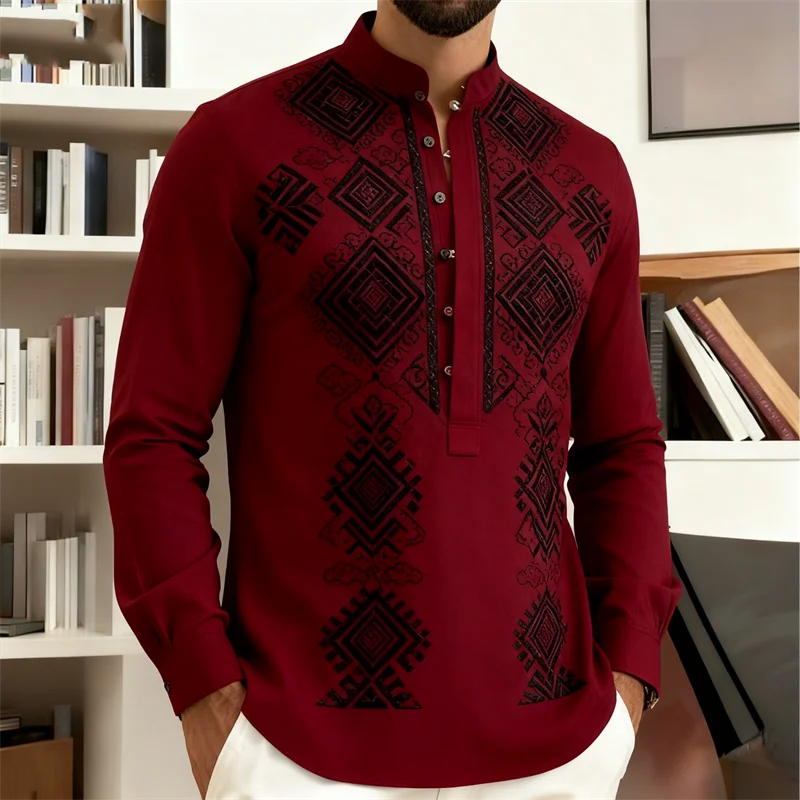 Nova Camisa Masculina de Manga Longa Estilo Étnico Retrô com Estampa 3D de Totem Tribal, Camisa Casual com Botões