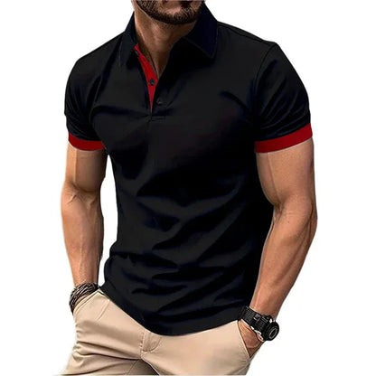 Camisa polo masculina de manga curta, corte slim casual, com blocos de cores, estilo inglês streetwear. Moda masculina.