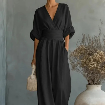 Waist V-neck Jumpsuit 2026 Spring And Summer New Style Fashionable And Elegant Women's Solid Color Mid-sleeve Wide-leg Jumpsuit
