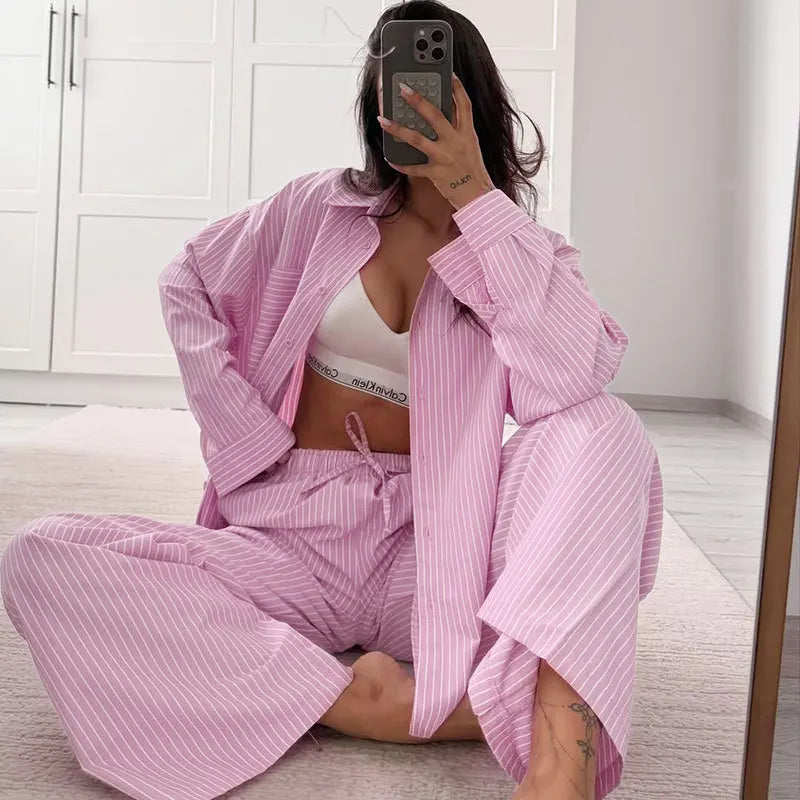 DSMTRC Women Casual Blue Stripe Loose Suits Buttons Shirt + Drawstring Pant 2025 New Summer Fashion Holidays Simple Stylish Sets
