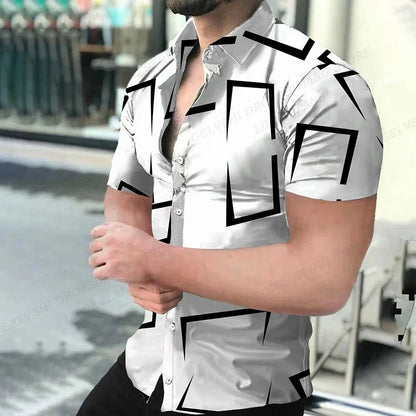 Camisas de praia com estampa geométrica 3D, camisas havaianas de manga curta, blusas masculinas, camisa gráfica, camisa Cuba, roupas masculinas