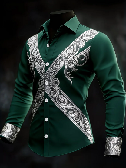 Nova Camisa Masculina de Manga Longa com Estampa 3D Cruzada e Padrão de Alta Qualidade, Blusa Casual de Manga Longa com Gola