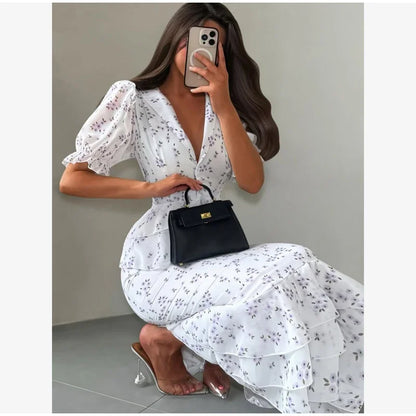 Vestido Midi Plissado com Decote em V e Cintura Marcada, Manga Curta com Lapela, Cintura Alta, Elegante, Novo, Feminino, Verão