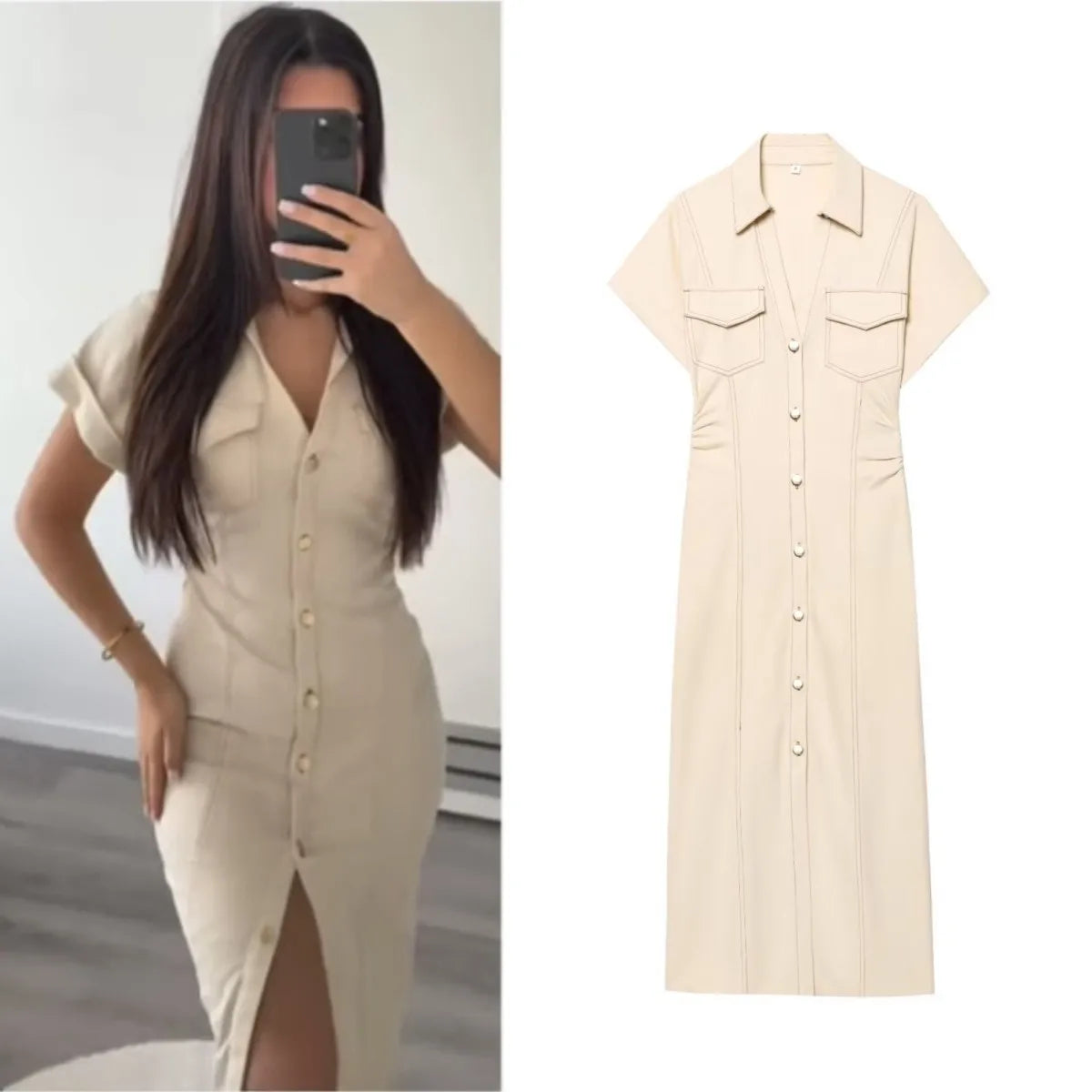 Etj primavera nova série 1975 denim midi vestido com lapela zíper lateral moda rugas cintura magro vestido elegante