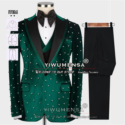Ternos de casamento de luxo para homens noivo usar smoking artesanal pérolas jaqueta de veludo masculino banquete vestido de festa sob medida 3 peças conjunto
