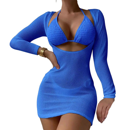 Conjunto de biquíni feminino de 3 peças com sutiã frente única, amarração nas costas e saída de praia em malha. Cor sólida. Ideal para mulheres.