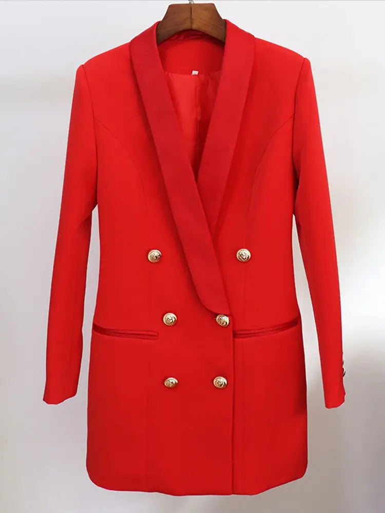 Blazer feminino de alta qualidade, modelo 2026, com botões de leão, abotoamento duplo, gola xale em cetim e modelagem longa.