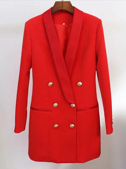 Blazer feminino de alta qualidade, modelo 2026, com botões de leão, abotoamento duplo, gola xale em cetim e modelagem longa.