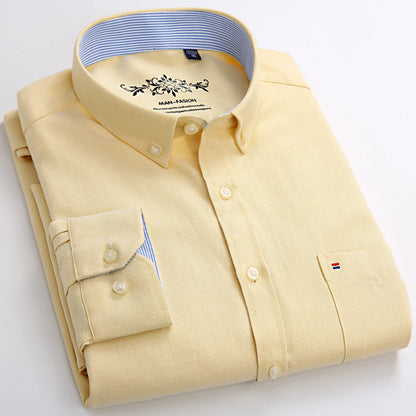 Camisa masculina de manga comprida oxford com botão no peito esquerdo confortável outono inverno ajuste regular casual versátil moda