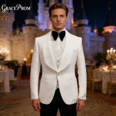 Elegante Terno Masculino Branco Geométrico Jacquard 3 Peças 2026 Formal com Lapela Xale para Noivo e Padrinhos – Ideal para Casamento, Baile de Formatura e Festas