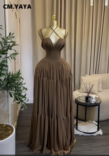 CM.YAYA 2026 Novo Vestido Longo Maxi Feminino Halter Sem Alças para Verão, Festa, Aniversário, Praia, Sexy, Férias