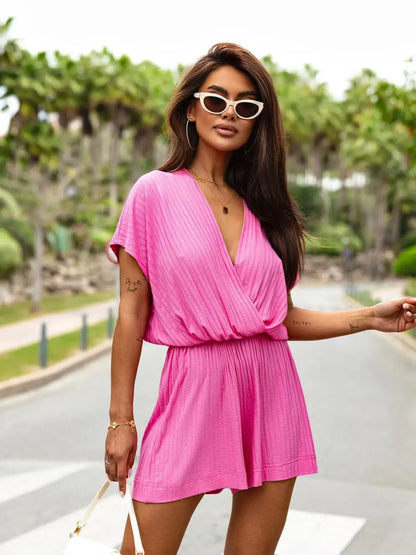 Macacão elegante de cor sólida feminino manga curta com decote em v calças curtas macacão verão chique férias macacão