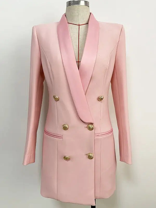 Blazer feminino de alta qualidade, modelo 2026, com botões de leão, abotoamento duplo, gola xale em cetim e modelagem longa.