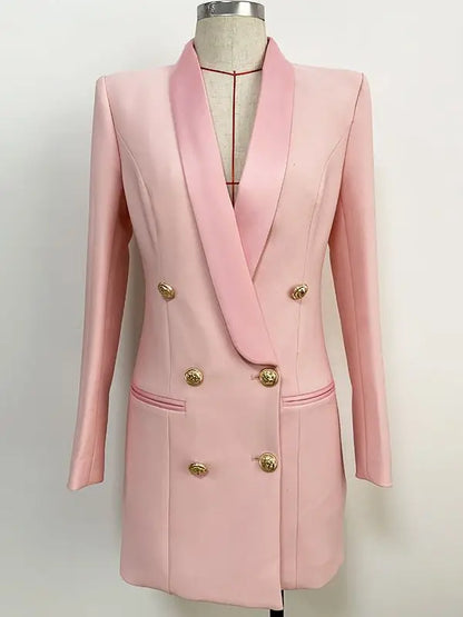 Blazer feminino de alta qualidade, modelo 2026, com botões de leão, abotoamento duplo, gola xale em cetim e modelagem longa.