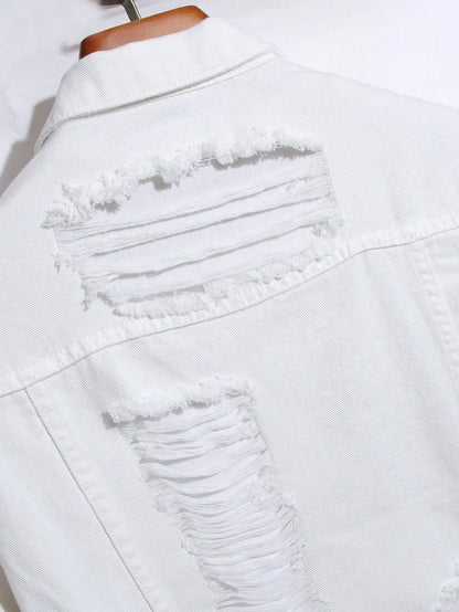 Jaqueta de Jeans Masculina para Primavera e Outono. Jaqueta de Denim Branca com Rasgos. Moda de Rua. Casual Diário.