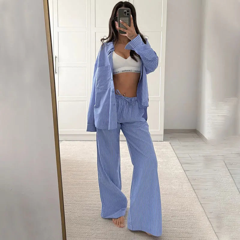 DSMTRC Women Casual Blue Stripe Loose Suits Buttons Shirt + Drawstring Pant 2025 New Summer Fashion Holidays Simple Stylish Sets