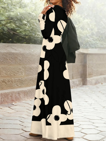 Vestido Maxi Feminino de Manga Longa com Estampa Floral Abstrata Grande