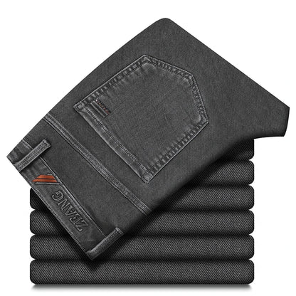 Calças Jeans Cinzas Masculinas Moda Primavera Outono Casual Elásticas Clássicas Retas para Trabalho Vintage em Denim Lavado