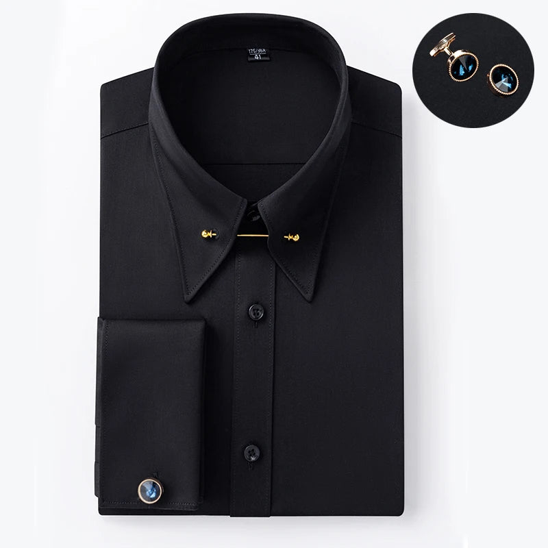 Camisa Social Masculina de Manga Longa com Abotoaduras Francesas Bordadas e Gola Grande, Sem Gravata, para Negócios e Ocasiões Formais